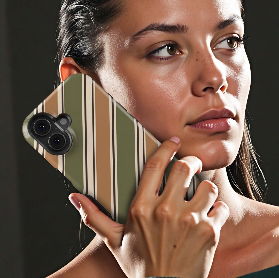 Olive Heritage Stripe Tough iPhone Case featuring diagonal olive green, caramel, ivory cream and espresso brown stripes in a sophisticated preppy fall design.