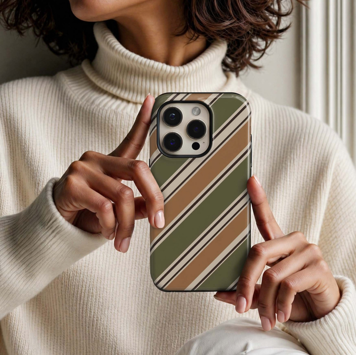 Olive Heritage Stripe Tough iPhone Case featuring diagonal olive green, caramel, ivory cream and espresso brown stripes in a sophisticated preppy fall design.