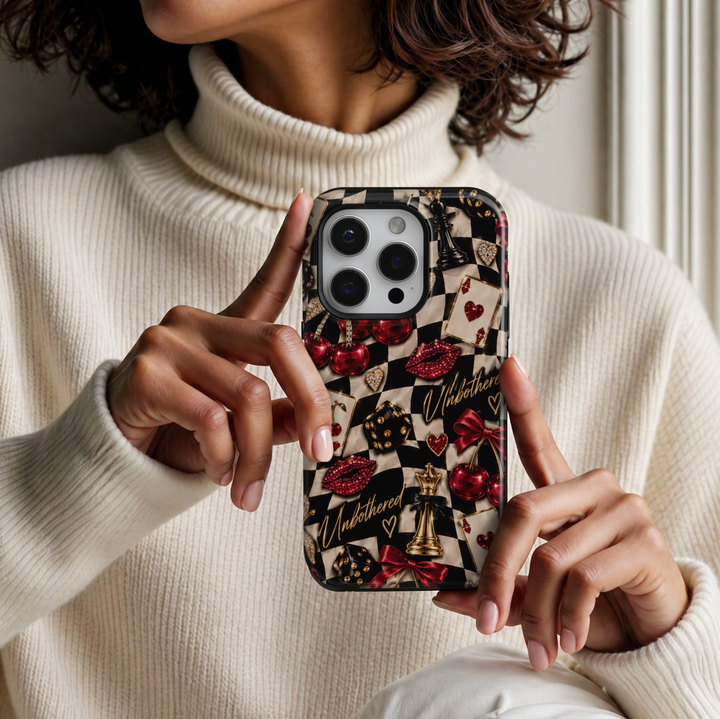CASELIX Cherry Checkmate iPhone 18 Pro Max tough phone case featuring a black and cream checkerboard pattern with glossy red cherries, jeweled lips, gold chess pieces, playing cards, dice, red satin bows, and gold Unbothered lettering. Trendy preppy checkerboard phone case for women with a bold, glamorous, girls&