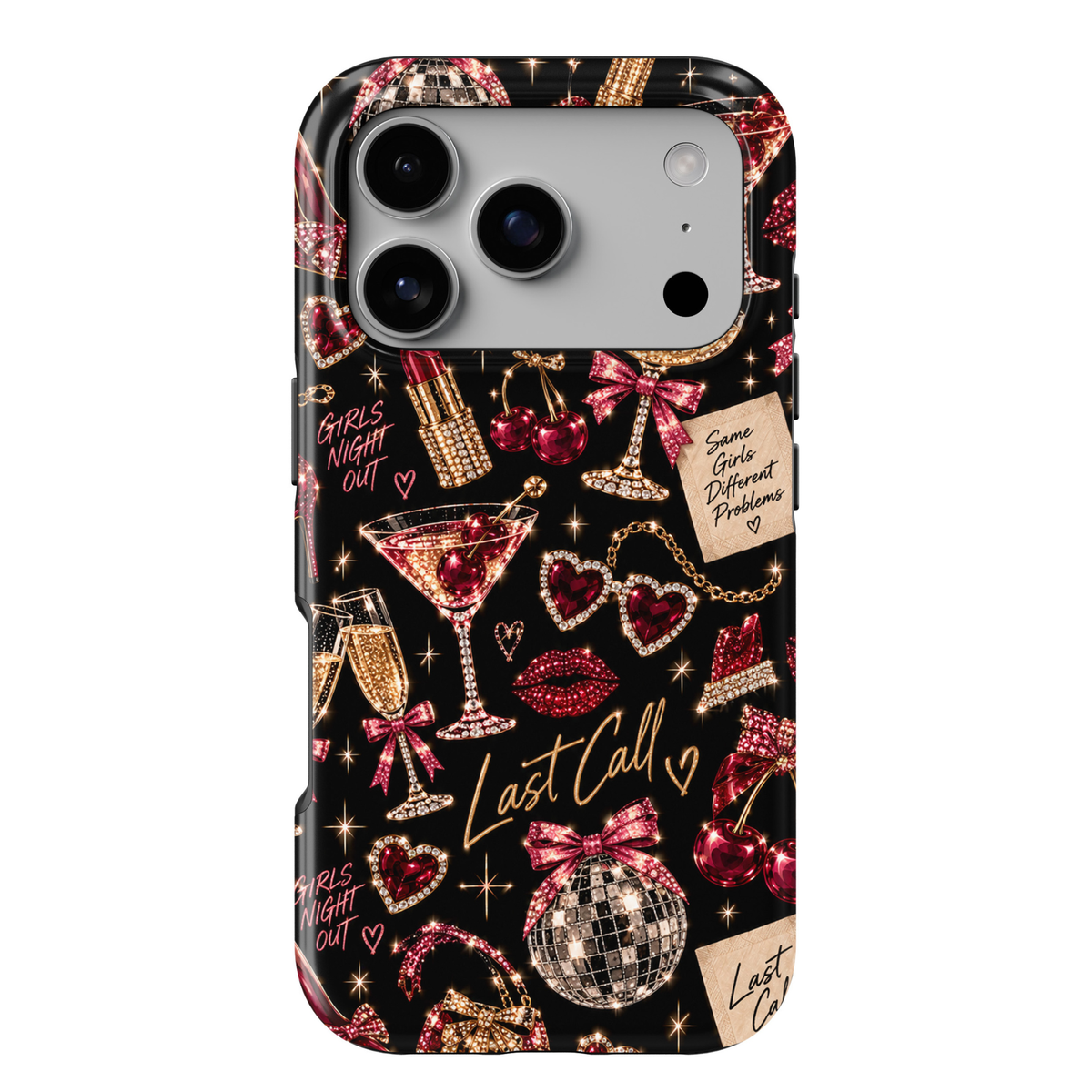 CASELIX Last Call iPhone 18 Pro Max tough phone case featuring a glamorous black girls' night out collage with red cherries, sparkling martini glasses, disco balls, pink bows, ruby heart jewelry, lipstick, and gold accents. Trendy maximalist printed phone case for women with a glossy finish, perfect for cocktail lovers, party outfits, and bold feminine aesthetics.