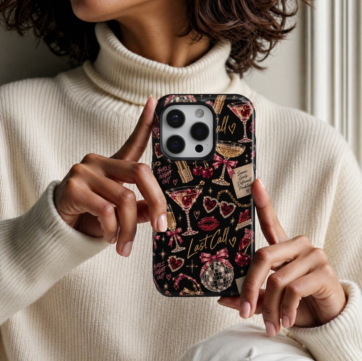CASELIX Last Call iPhone 18 Pro Max tough phone case featuring a glamorous black girls' night out collage with red cherries, sparkling martini glasses, disco balls, pink bows, ruby heart jewelry, lipstick, and gold accents. Trendy maximalist printed phone case for women with a glossy finish, perfect for cocktail lovers, party outfits, and bold feminine aesthetics.