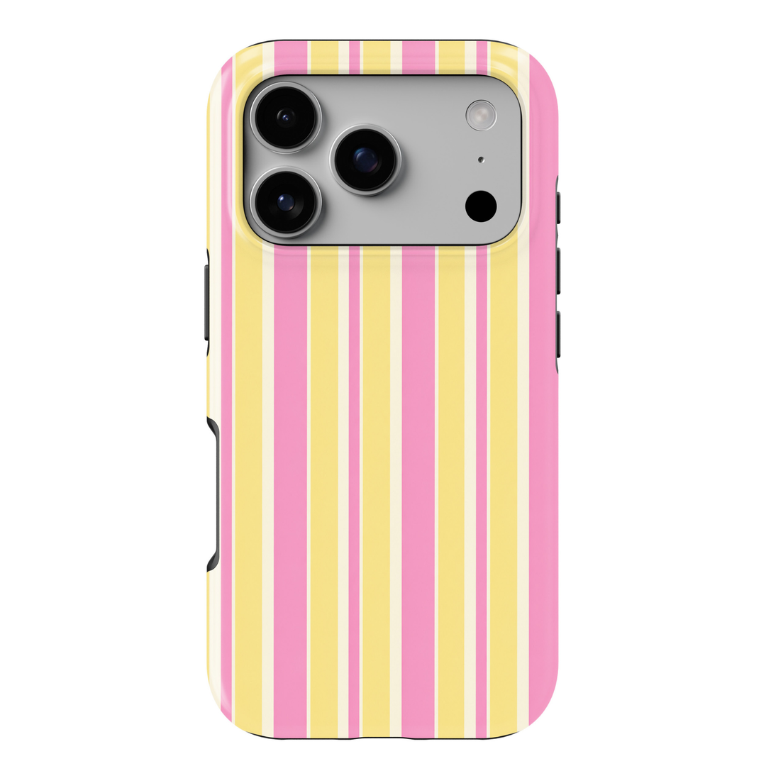 CASELIX Pink Lemonade Stripe iPhone 18 Pro Max tough phone case featuring bubblegum pink, pastel yellow, and cream vertical stripes with a glossy printed finish. Cute preppy striped phone case for women with a cheerful summer aesthetic and trendy pastel design.