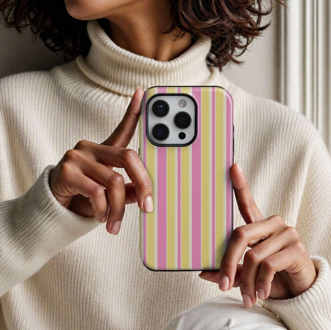 CASELIX Pink Lemonade Stripe iPhone 18 Pro Max tough phone case featuring bubblegum pink, pastel yellow, and cream vertical stripes with a glossy printed finish. Cute preppy striped phone case for women with a cheerful summer aesthetic and trendy pastel design.