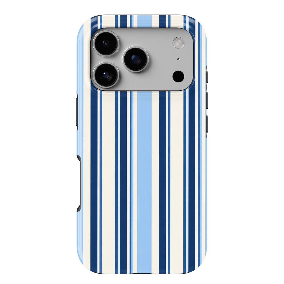 CASELIX Coastal Blue Stripe iPhone 18 Pro Max tough phone case featuring navy blue, light blue, and ivory vertical stripes with a glossy printed finish. Chic preppy striped phone case for women inspired by coastal fashion, nautical style, and classic blue aesthetics.