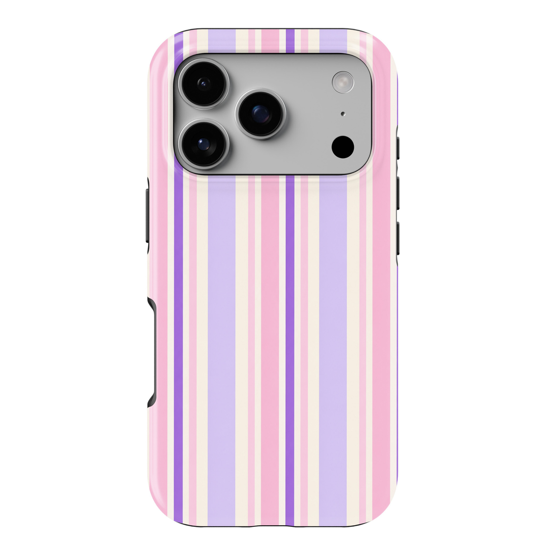 CASELIX Lavender Blush Stripe iPhone 18 Pro Max tough phone case featuring pastel lavender, baby pink, purple, and cream vertical stripes with a glossy printed finish. Cute preppy striped phone case for women with a soft coquette aesthetic.
