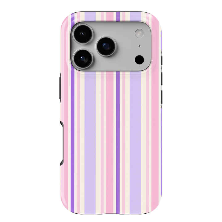 CASELIX Lavender Blush Stripe iPhone 18 Pro Max tough phone case featuring pastel lavender, baby pink, purple, and cream vertical stripes with a glossy printed finish. Cute preppy striped phone case for women with a soft coquette aesthetic.