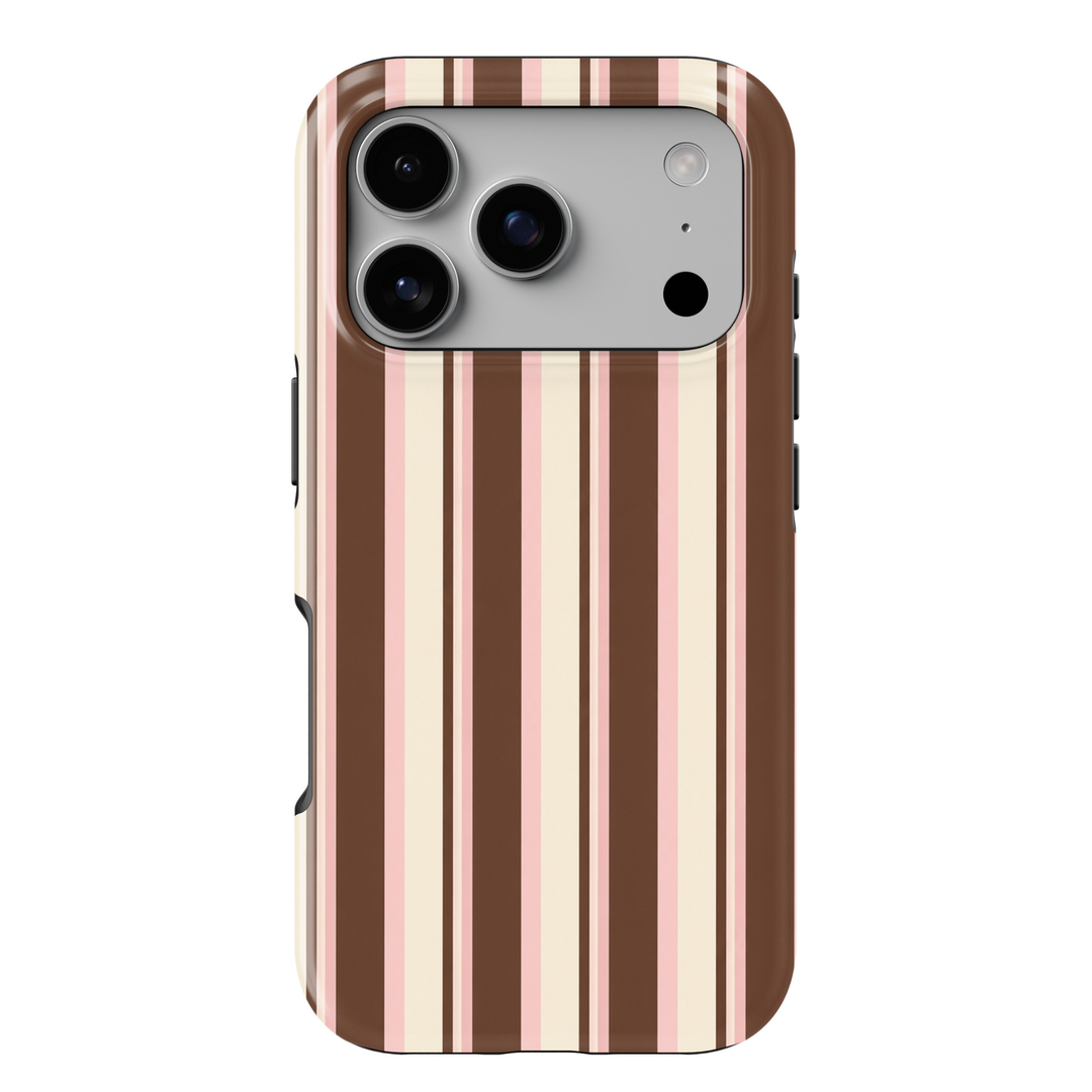 CASELIX Cocoa Blush Stripe iPhone 18 Pro Max tough phone case featuring chocolate brown, blush pink, and cream vertical stripes. Chic striped phone case for women with a glossy printed finish, trendy coquette aesthetic, and sophisticated minimalist design.