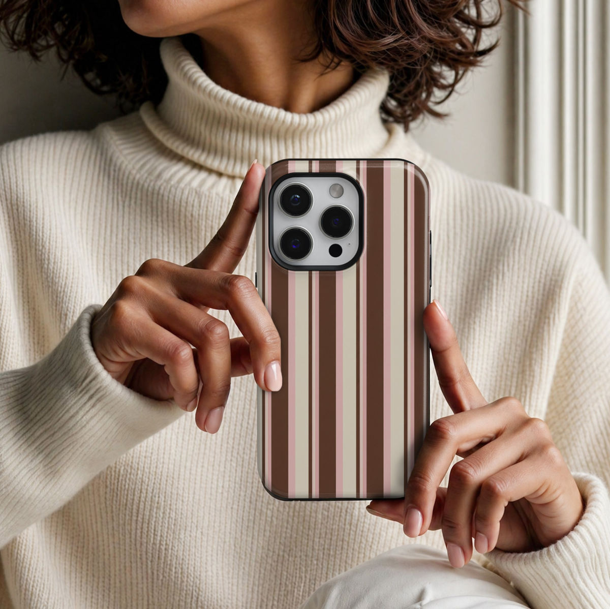 CASELIX Cocoa Blush Stripe iPhone 18 Pro Max tough phone case featuring chocolate brown, blush pink, and cream vertical stripes. Chic striped phone case for women with a glossy printed finish, trendy coquette aesthetic, and sophisticated minimalist design.