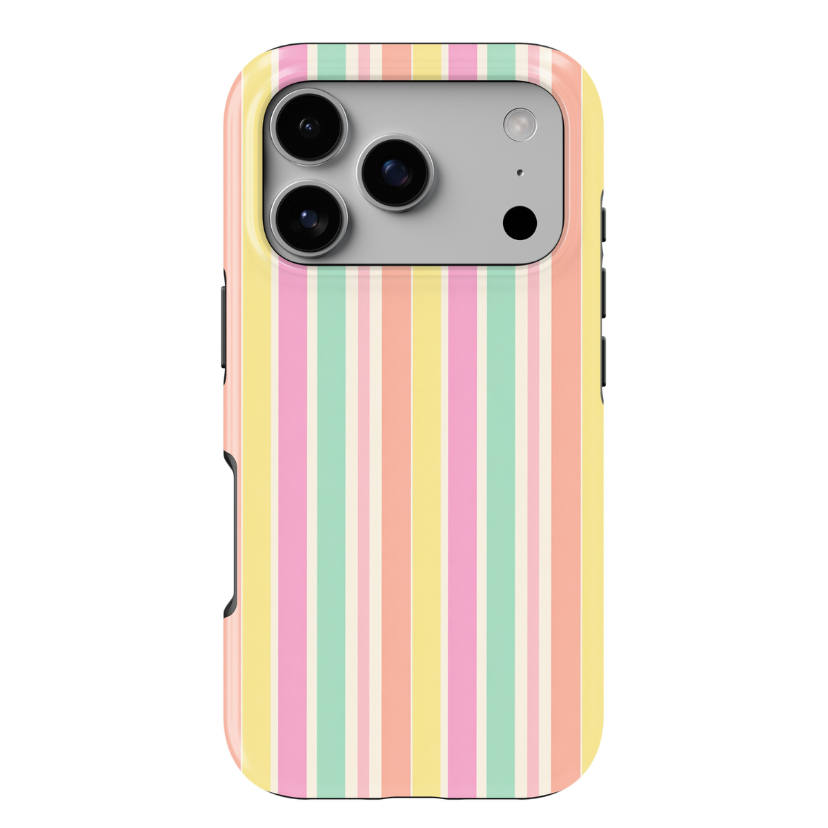CASELIX Candy Stripe iPhone 18 Pro Max tough phone case featuring pastel pink, mint green, soft yellow, peach, and cream vertical stripes. Cute multicolor striped phone case for women with a glossy printed finish, trendy preppy aesthetic, and colorful retro-inspired design.