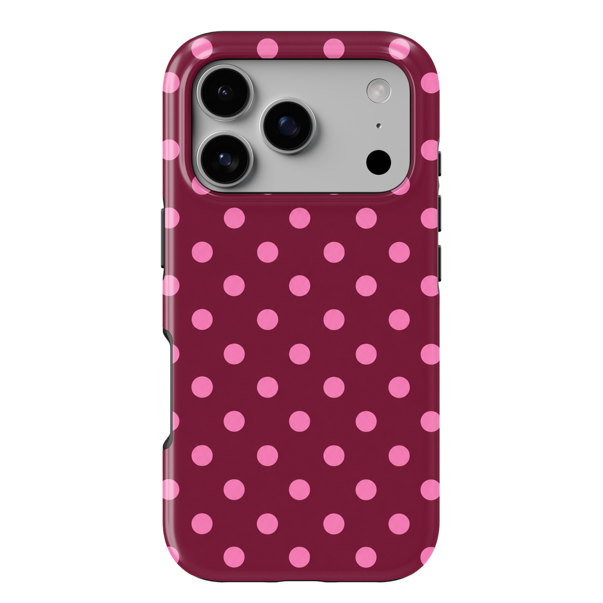 CASELIX Berry Blush Dots iPhone 18 Pro Max tough phone case featuring a deep raspberry burgundy background with bright pink polka dots in a repeating pattern. Trendy pink and burgundy polka dot phone case for women with a glossy printed finish and playful preppy aesthetic.