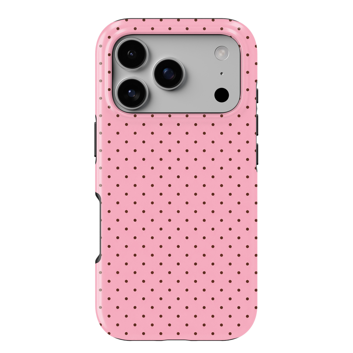 CASELIX Pink Espresso Dots iPhone 18 Pro Max tough phone case featuring a soft pastel pink background with tiny chocolate brown polka dots in a neat repeating pattern. Cute minimalist pink phone case for women with a glossy printed finish and trendy coquette-inspired aesthetic.