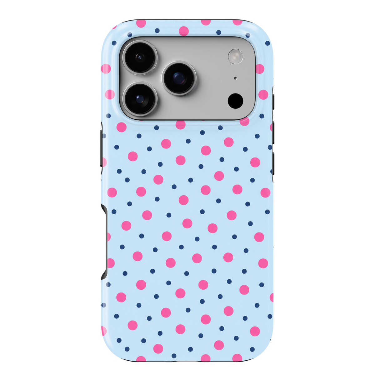 CASELIX Bubblegum Dots iPhone 18 Pro Max tough phone case featuring a pastel baby blue background with vibrant bubblegum pink and small navy blue polka dots. Cute preppy phone case for women with a glossy printed finish, colorful playful aesthetic, and protective design.