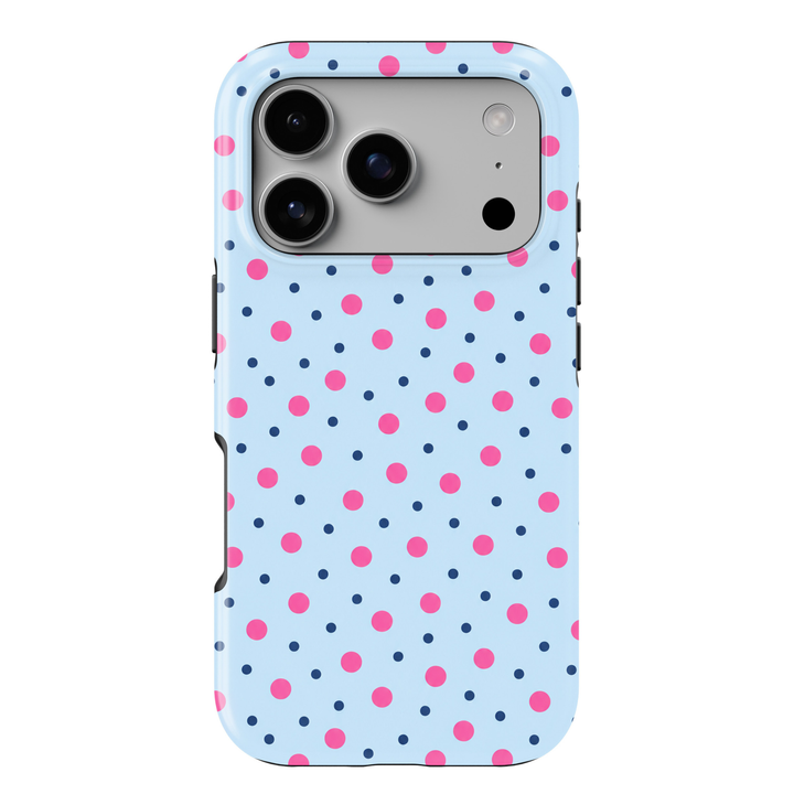 CASELIX Bubblegum Dots iPhone 18 Pro Max tough phone case featuring a pastel baby blue background with vibrant bubblegum pink and small navy blue polka dots. Cute preppy phone case for women with a glossy printed finish, colorful playful aesthetic, and protective design.