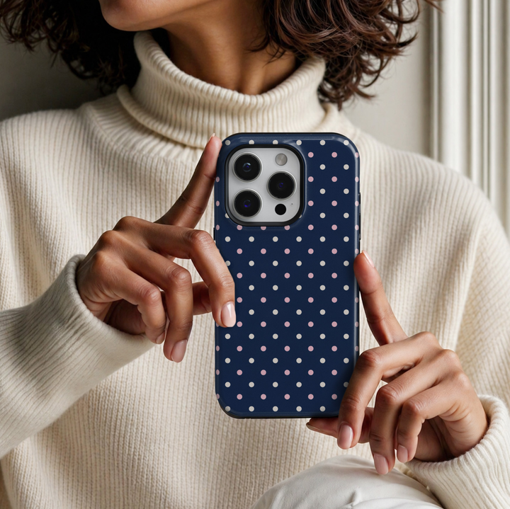 CASELIX Navy Blush Dots iPhone 18 Pro Max tough phone case featuring a deep navy blue background with alternating pastel pink and ivory polka dots. Cute preppy polka dot phone case for women with a glossy printed finish, minimalist aesthetic, and timeless feminine design.