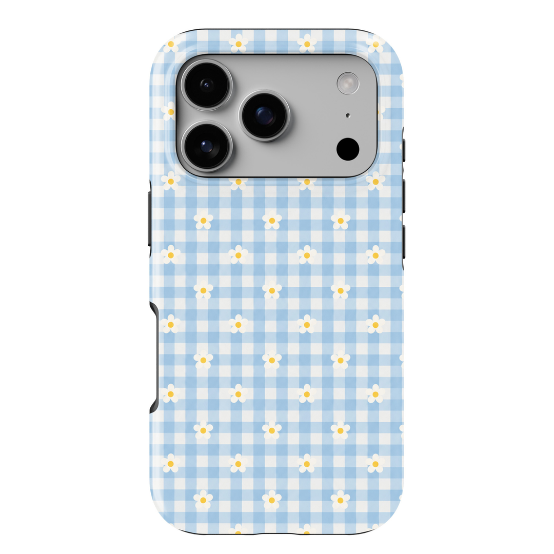 CASELIX Daisy Blue Gingham iPhone 18 Pro Max tough phone case featuring pastel baby blue and white gingham checks with tiny white daisy flowers and yellow centers. Cute floral checkered phone case for women with a glossy printed finish, soft girl aesthetic, and charming cottagecore-inspired design.
