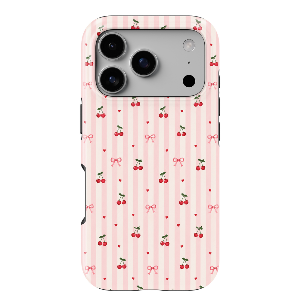 CASELIX Cherry Sweetheart Stripes iPhone 18 Pro Max tough phone case featuring pastel pink and ivory vertical stripes decorated with tiny red cherries, pink ribbon bows, and miniature red hearts. Cute coquette aesthetic phone case for women with a glossy printed finish and romantic cherry pattern.