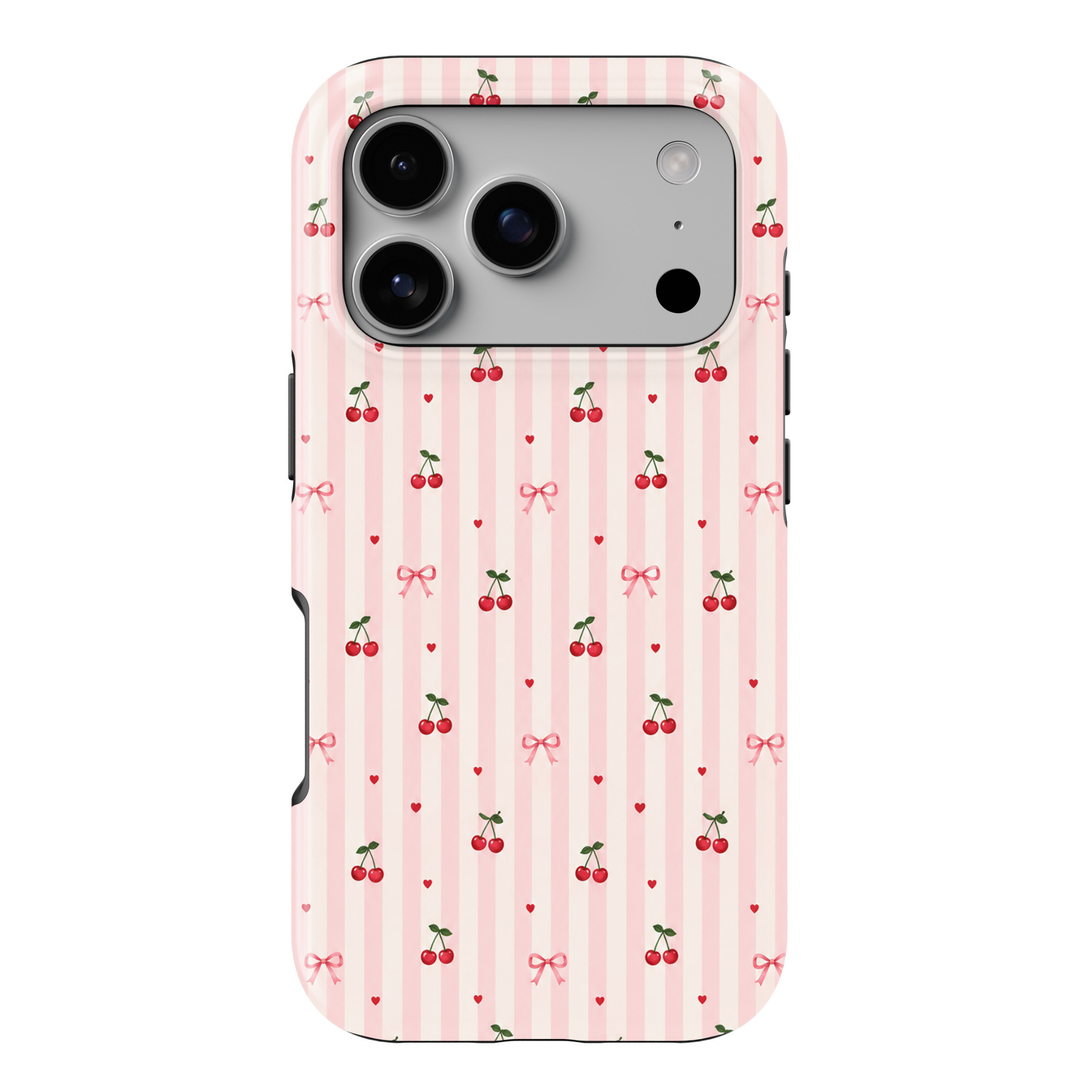 CASELIX Cherry Sweetheart Stripes iPhone 18 Pro Max tough phone case featuring pastel pink and ivory vertical stripes decorated with tiny red cherries, pink ribbon bows, and miniature red hearts. Cute coquette aesthetic phone case for women with a glossy printed finish and romantic cherry pattern.