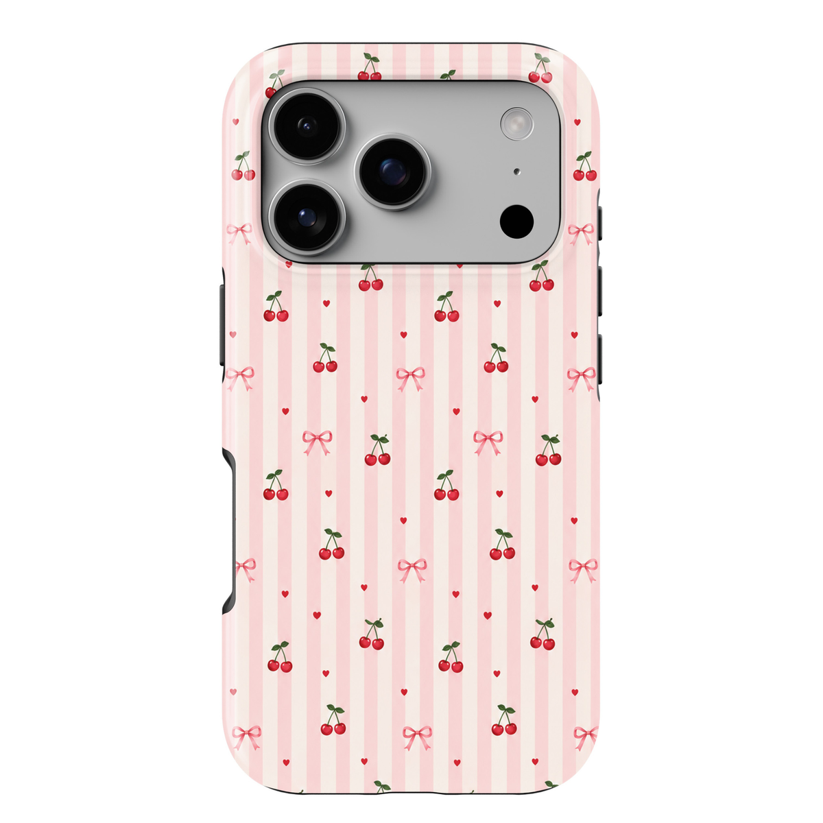 CASELIX Cherry Sweetheart Stripes iPhone 18 Pro Max tough phone case featuring pastel pink and ivory vertical stripes decorated with tiny red cherries, pink ribbon bows, and miniature red hearts. Cute coquette aesthetic phone case for women with a glossy printed finish and romantic cherry pattern.