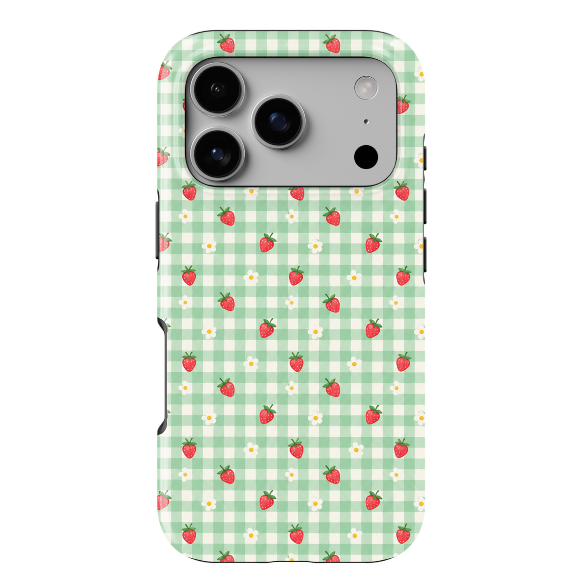 CASELIX Strawberry Meadow Gingham iPhone 18 Pro Max tough phone case featuring a pastel mint green and white gingham checkered pattern with tiny red strawberries and white daisy flowers. Cute cottagecore-inspired floral phone case for women with a glossy printed finish and charming strawberry aesthetic.