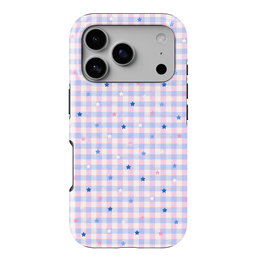 CASELIX Pastel Star Gingham iPhone 18 Pro Max tough phone case featuring a soft pink, baby blue, lavender, and ivory gingham checkered pattern decorated with scattered pink, white, and blue stars. A cute pastel aesthetic phone case for women with a playful, trendy, feminine design and glossy printed finish.