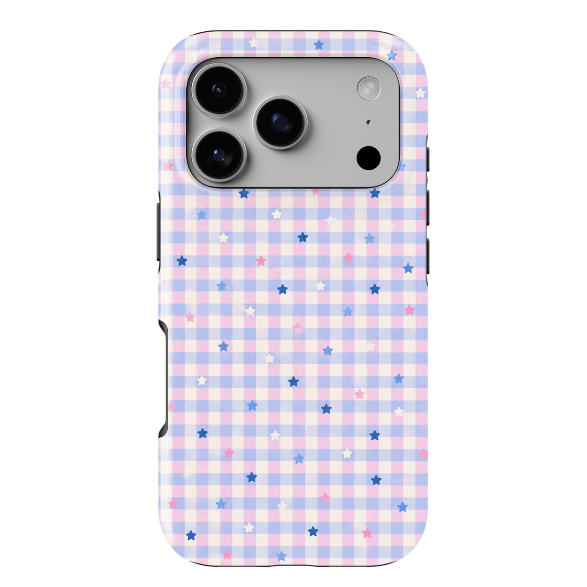 CASELIX Pastel Star Gingham iPhone 18 Pro Max tough phone case featuring a soft pink, baby blue, lavender, and ivory gingham checkered pattern decorated with scattered pink, white, and blue stars. A cute pastel aesthetic phone case for women with a playful, trendy, feminine design and glossy printed finish.
