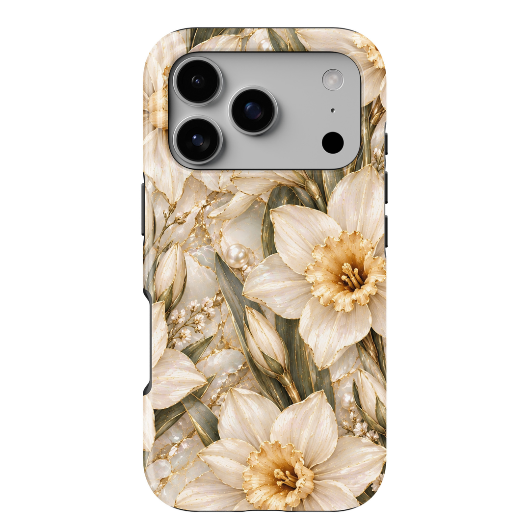 CASELIX December Birth Flower Narcissus Elegance iPhone 18 Pro Max tough phone case featuring elegant ivory-white narcissus flowers with champagne gold centers, delicate gold detailing, olive green leaves, pearl accents, and a luxurious cream marble-inspired background. A sophisticated white and gold floral phone case for women, perfect for December birthday gifts and timeless feminine styling.