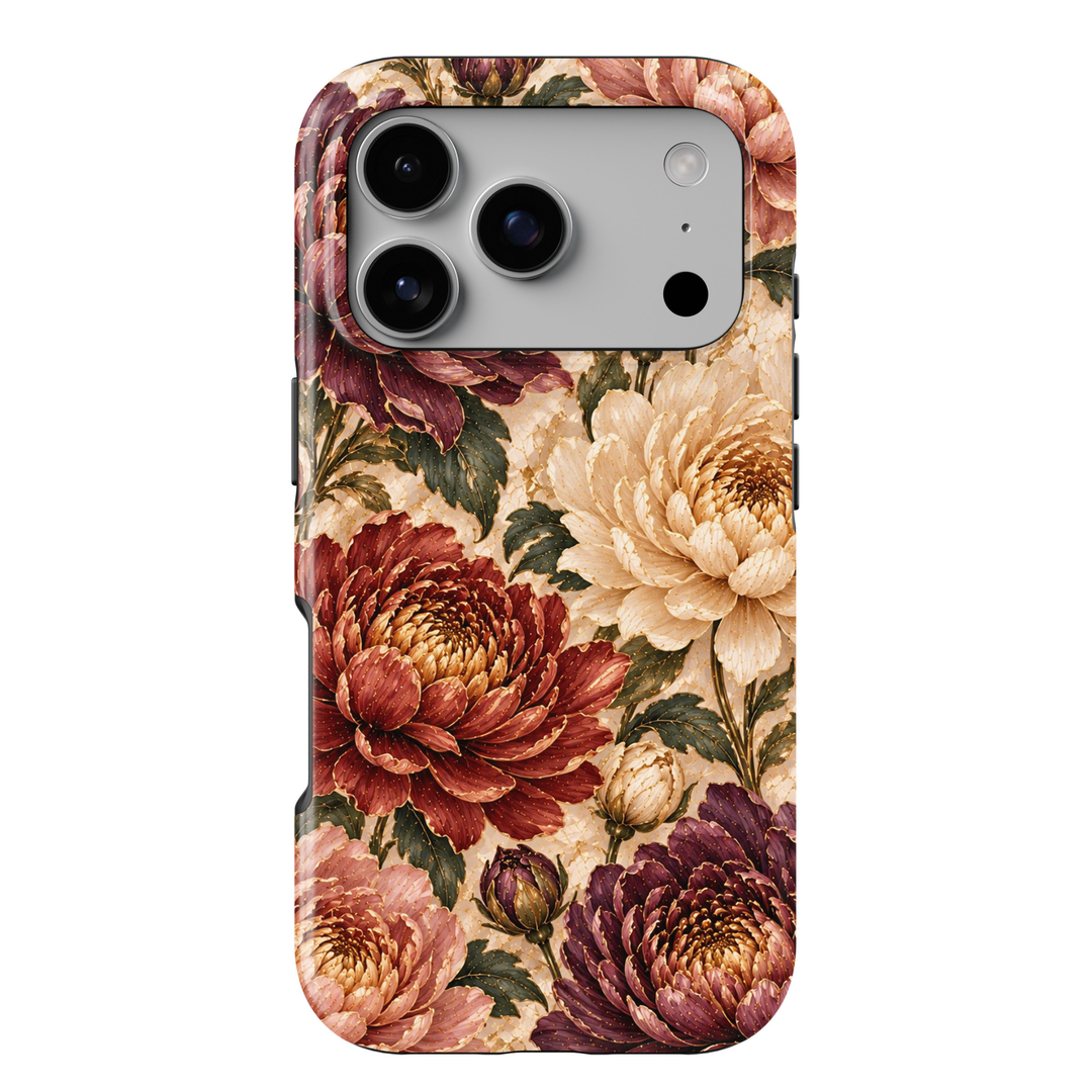CASELIX November Birth Flower Chrysanthemum Glow iPhone 18 Pro Max tough phone case featuring luxurious burgundy, champagne ivory, dusty rose, and plum chrysanthemum blossoms with delicate gold detailing, deep green botanical leaves, and an elegant pearl-inspired ivory background. A sophisticated autumn floral phone case for women with a romantic vintage aesthetic, perfect for November birthday gifts, fall fashion, and elegant everyday styling.