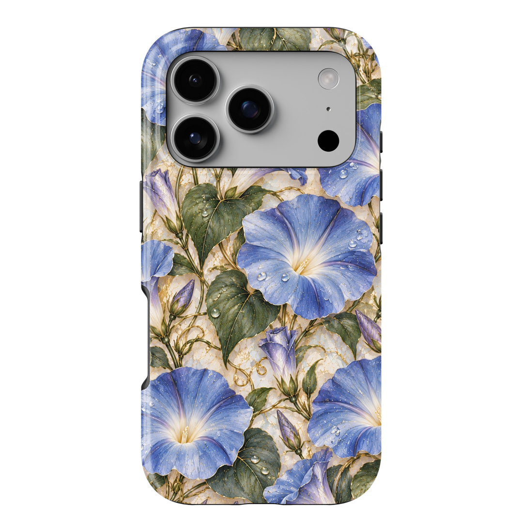 CASELIX September Birth Flower Morning Glory iPhone 18 Pro Max tough phone case featuring elegant periwinkle blue and lavender morning glory blossoms with delicate golden accents, lush sage green heart-shaped leaves, and realistic water droplets against a luxurious ivory marble-inspired background. A romantic blue floral phone case for women with a sophisticated botanical aesthetic, perfect for September birthday gifts and feminine everyday style.