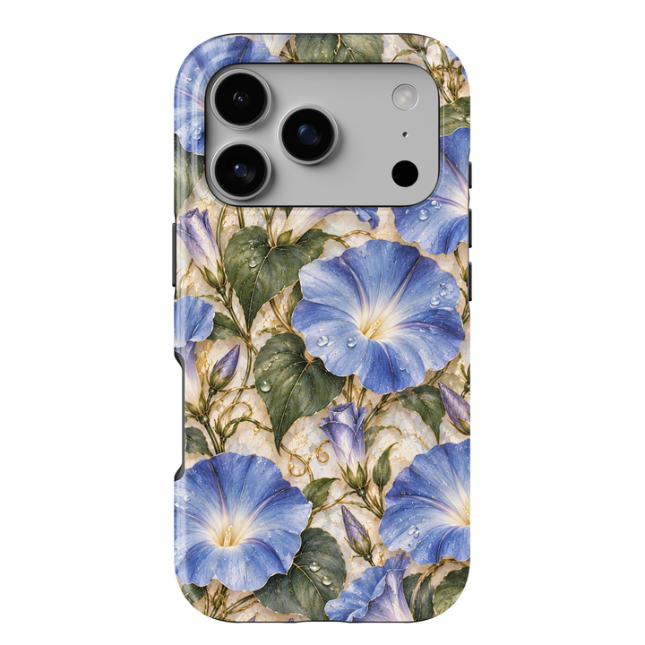 CASELIX September Birth Flower Morning Glory iPhone 18 Pro Max tough phone case featuring elegant periwinkle blue and lavender morning glory blossoms with delicate golden accents, lush sage green heart-shaped leaves, and realistic water droplets against a luxurious ivory marble-inspired background. A romantic blue floral phone case for women with a sophisticated botanical aesthetic, perfect for September birthday gifts and feminine everyday style.