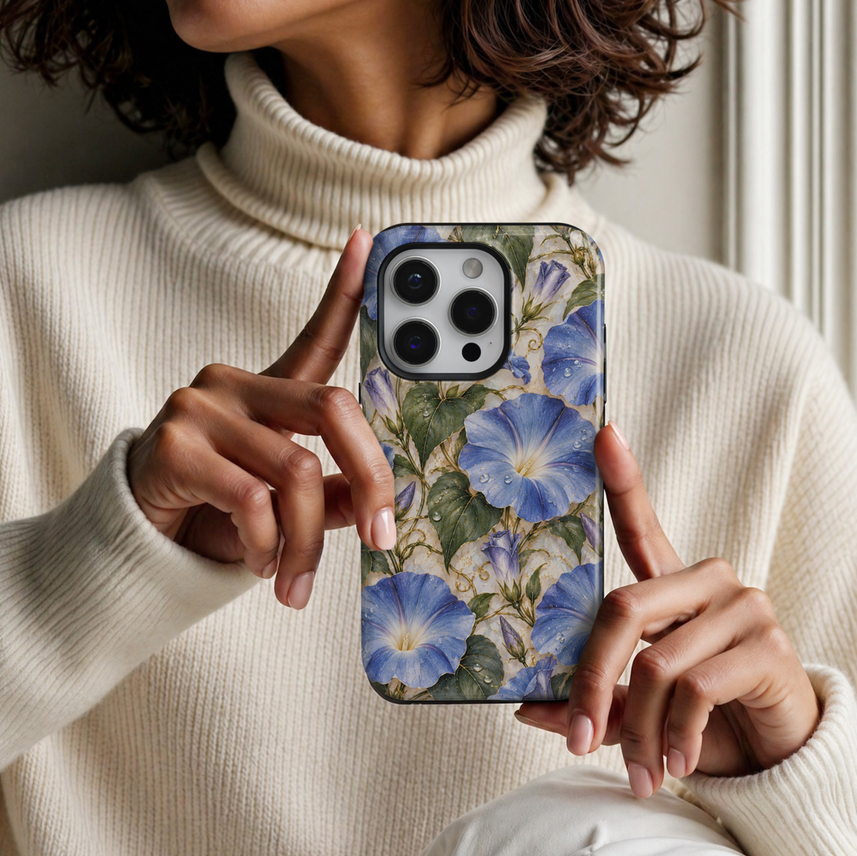 CASELIX September Birth Flower Morning Glory iPhone 18 Pro Max tough phone case featuring elegant periwinkle blue and lavender morning glory blossoms with delicate golden accents, lush sage green heart-shaped leaves, and realistic water droplets against a luxurious ivory marble-inspired background. A romantic blue floral phone case for women with a sophisticated botanical aesthetic, perfect for September birthday gifts and feminine everyday style.