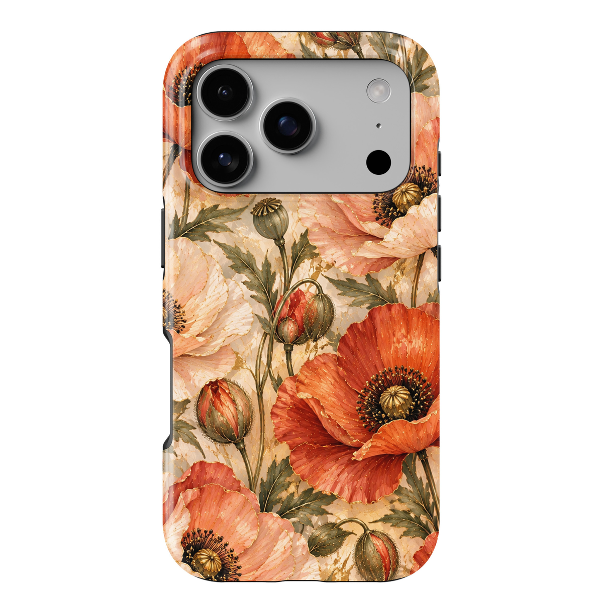 CASELIX August Birth Flower Poppy Radiance iPhone 18 Pro Max tough phone case featuring vibrant coral orange, peach and ivory poppy flowers with delicate gold accents, dark olive green leaves, and elegant floral buds against a luxurious cream marble-inspired background. A feminine botanical phone case with a warm romantic aesthetic, perfect for women who love elegant floral designs, sophisticated accessories, and meaningful August birthday gifts.