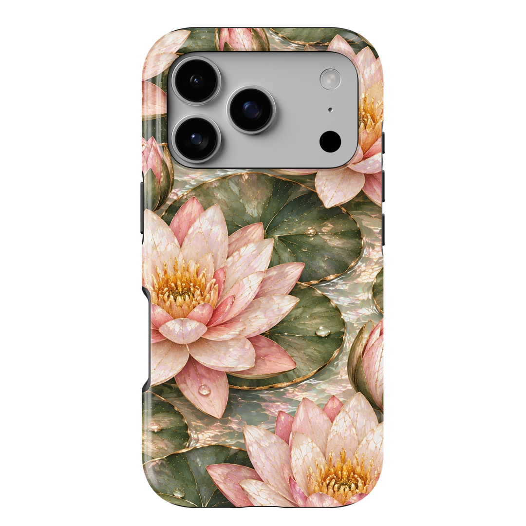 CASELIX July Birth Flower Lotus Serenity iPhone 18 Pro Max tough phone case featuring elegant blush pink and ivory lotus flowers with delicate gold detailing, lush sage green lily pads, shimmering water reflections, and a soft pearlescent background. A feminine luxury floral phone case with a romantic botanical aesthetic, perfect for women who love elegant nature-inspired designs and meaningful July birthday gifts.