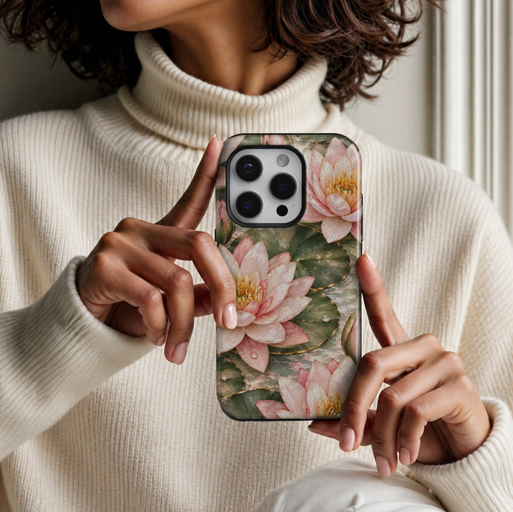 CASELIX July Birth Flower Lotus Serenity iPhone 18 Pro Max tough phone case featuring elegant blush pink and ivory lotus flowers with delicate gold detailing, lush sage green lily pads, shimmering water reflections, and a soft pearlescent background. A feminine luxury floral phone case with a romantic botanical aesthetic, perfect for women who love elegant nature-inspired designs and meaningful July birthday gifts.