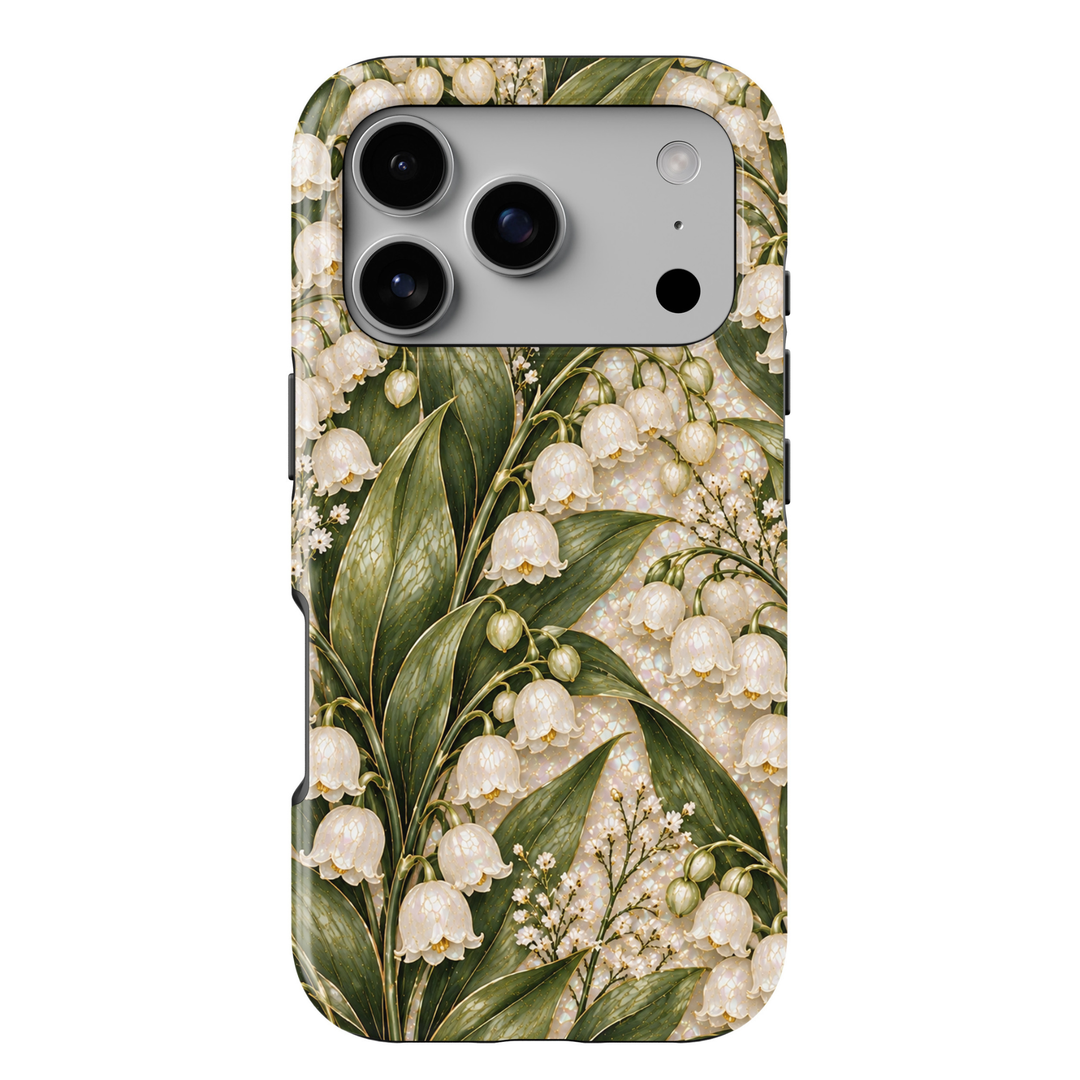 CASELIX May Birth Flower Lily of the Valley Grace iPhone 18 Pro Max tough phone case featuring delicate ivory-white bell-shaped lily of the valley flowers, elegant sage and deep green leaves, subtle golden accents, and a luminous pearlescent background. A romantic, feminine botanical phone case with a timeless luxury floral aesthetic, perfect for women who love cottagecore fashion, delicate spring flowers, and meaningful May birthday gifts.