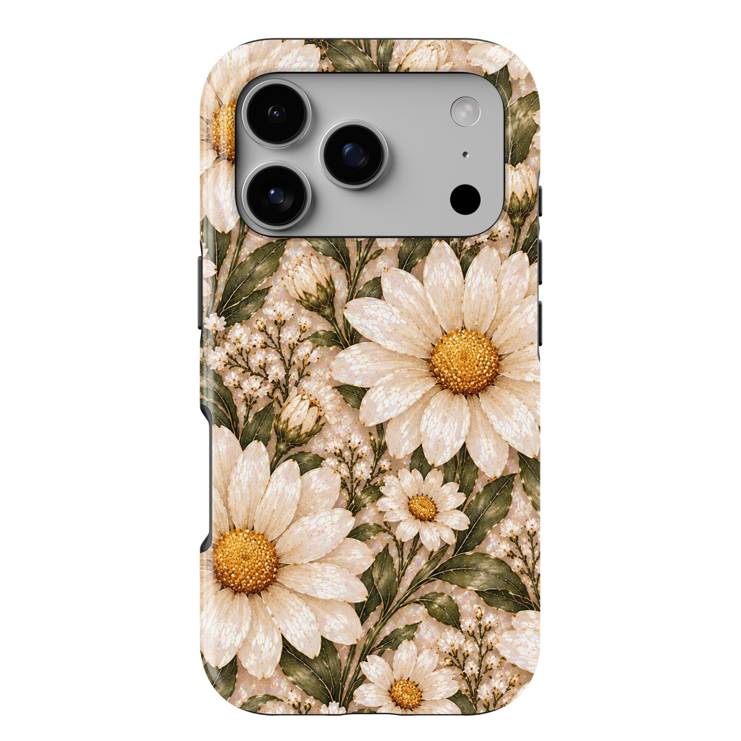 CASELIX April Birth Flower Daisy Delight iPhone 18 Pro Max tough phone case featuring elegant ivory white daisies with golden yellow centers, delicate white blossoms, sage green foliage, and subtle gold detailing against a luminous pearlescent background. A chic, feminine floral phone case with a luxurious botanical aesthetic, perfect for women who love daisy flowers, cottagecore style, and thoughtful April birthday gifts.
