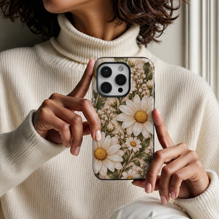 CASELIX April Birth Flower Daisy Delight iPhone 18 Pro Max tough phone case featuring elegant ivory white daisies with golden yellow centers, delicate white blossoms, sage green foliage, and subtle gold detailing against a luminous pearlescent background. A chic, feminine floral phone case with a luxurious botanical aesthetic, perfect for women who love daisy flowers, cottagecore style, and thoughtful April birthday gifts.