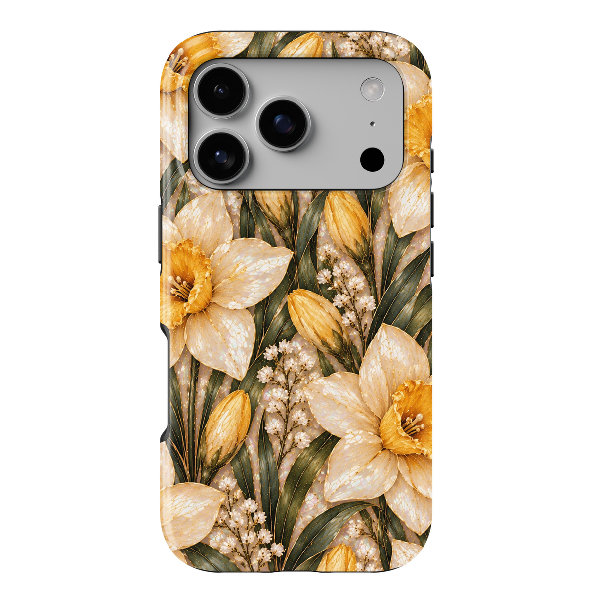 CASELIX March Birth Flower Golden Daffodil iPhone 18 Pro Max tough phone case featuring elegant ivory and golden yellow daffodil blossoms, delicate gold accents, deep sage green leaves, and a luminous pearlescent background. A beautiful feminine floral phone case with a luxurious botanical design, perfect for women who love spring flowers and meaningful birthday gifts.