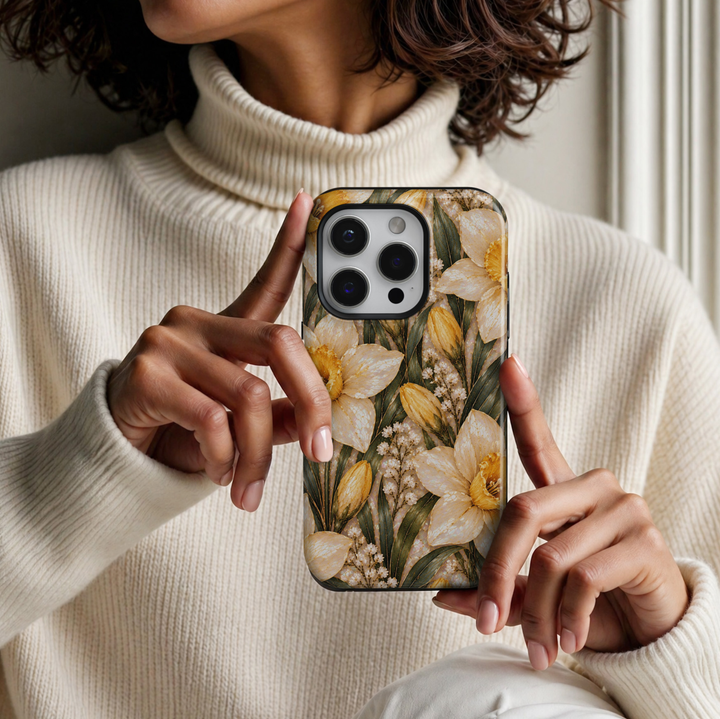 CASELIX March Birth Flower Golden Daffodil iPhone 18 Pro Max tough phone case featuring elegant ivory and golden yellow daffodil blossoms, delicate gold accents, deep sage green leaves, and a luminous pearlescent background. A beautiful feminine floral phone case with a luxurious botanical design, perfect for women who love spring flowers and meaningful birthday gifts.