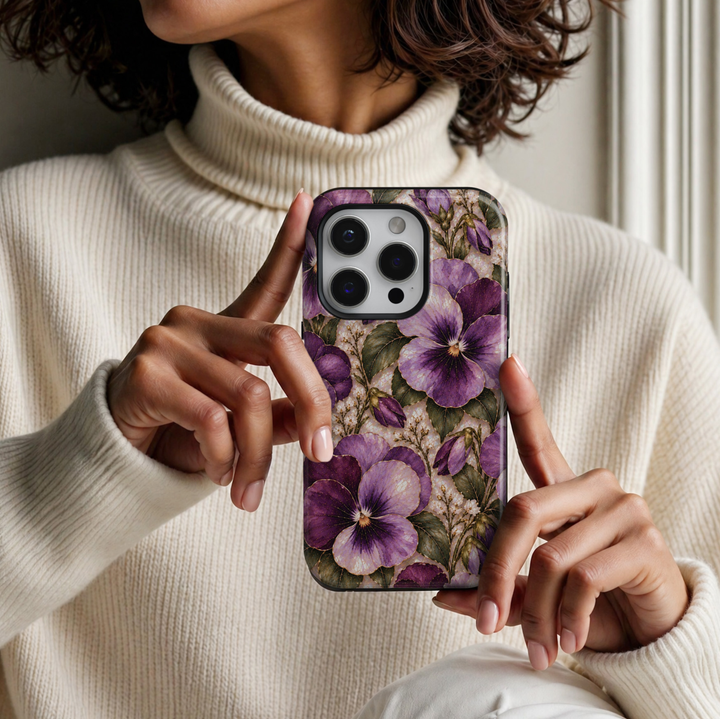 CASELIX February Birth Flower Violet Elegance iPhone 18 Pro Max tough phone case featuring elegant lavender and deep purple violet blossoms, delicate gold detailing, lush sage green leaves and a luminous pearlescent ivory background. A luxurious feminine floral phone case for women with a romantic botanical aesthetic.