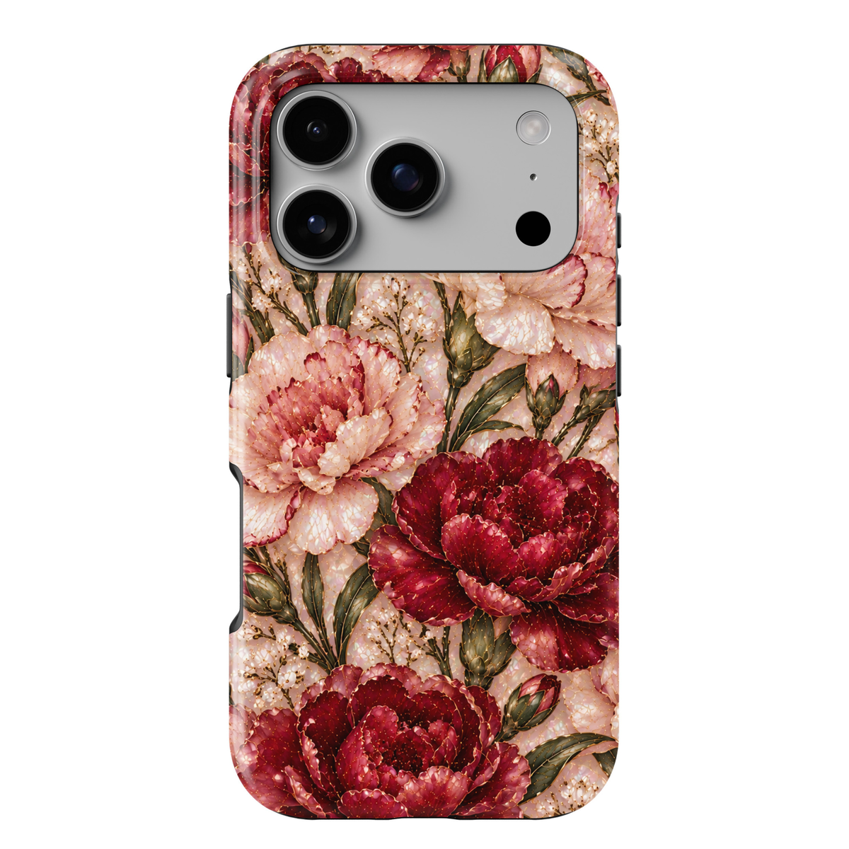 CASELIX October Birth Flower Marigold Romance iPhone 18 Pro Max tough phone case featuring luxurious deep burgundy and blush pink layered floral blooms, delicate gold accents, sage green foliage and an elegant pearlescent ivory background. A romantic, feminine floral phone case for women.