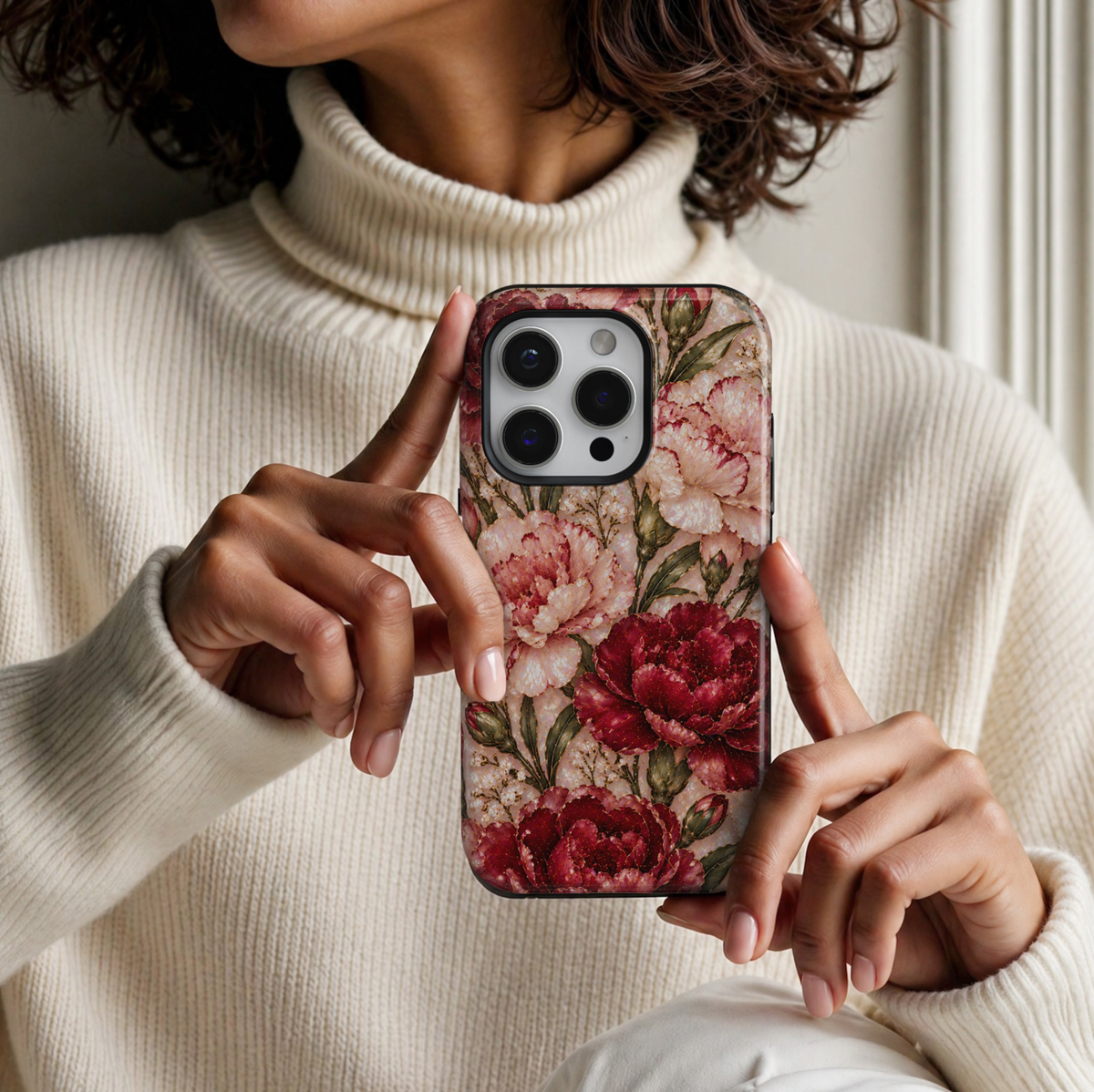 CASELIX October Birth Flower Marigold Romance iPhone 18 Pro Max tough phone case featuring luxurious deep burgundy and blush pink layered floral blooms, delicate gold accents, sage green foliage and an elegant pearlescent ivory background. A romantic, feminine floral phone case for women.