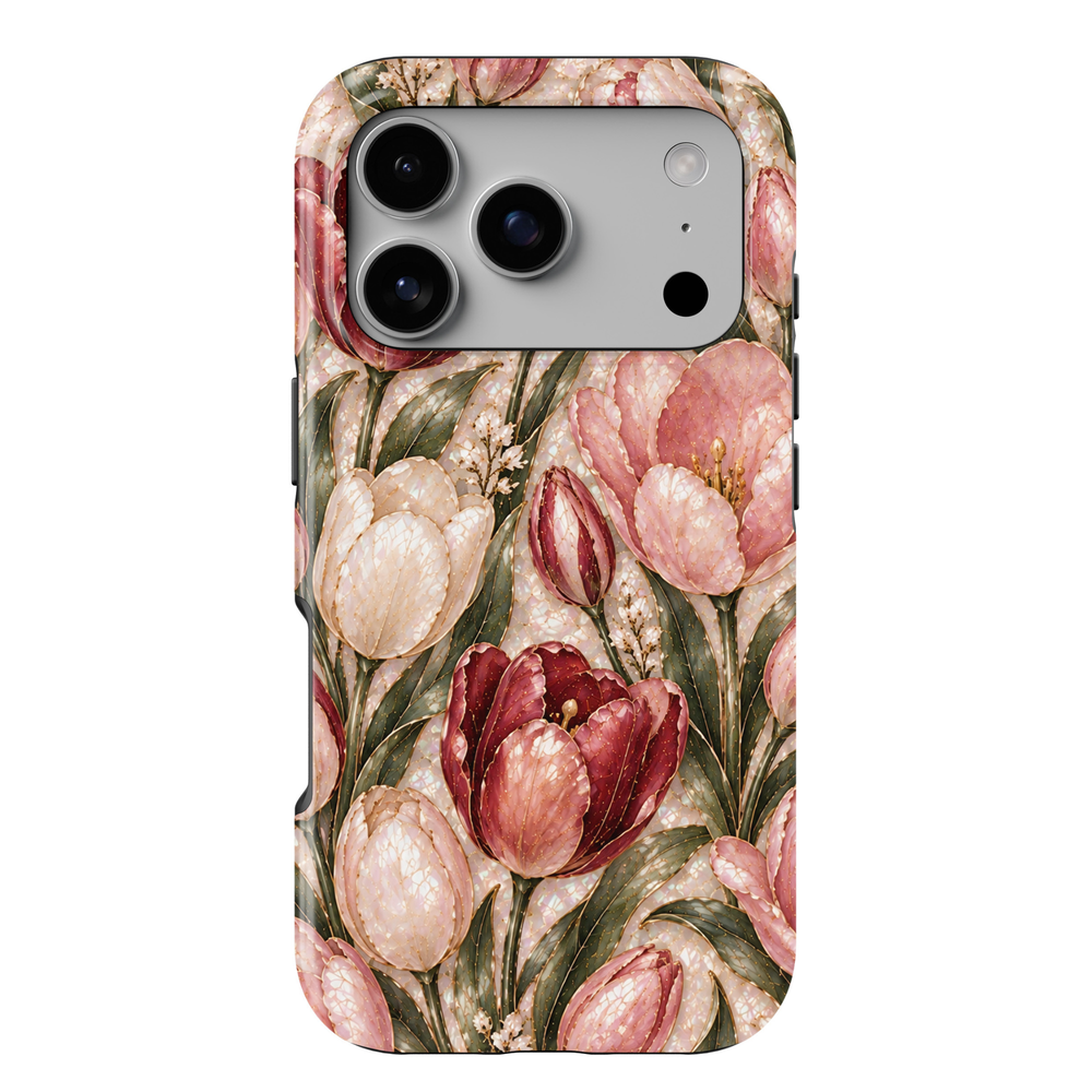 CASELIX September Birth Flower Tulip Elegance iPhone 18 Pro Max tough case featuring romantic blush pink, ivory and deep burgundy tulips, delicate gold detailing, elegant sage green leaves and a luxurious pearlescent floral background.