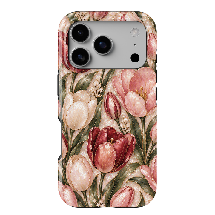 CASELIX September Birth Flower Tulip Elegance iPhone 18 Pro Max tough case featuring romantic blush pink, ivory and deep burgundy tulips, delicate gold detailing, elegant sage green leaves and a luxurious pearlescent floral background.
