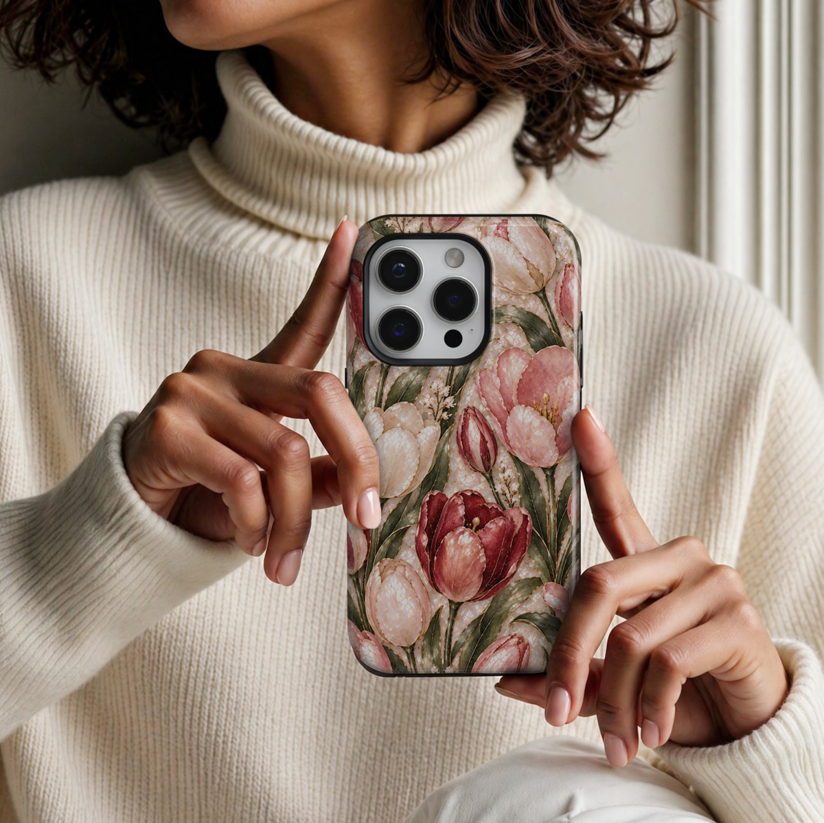 CASELIX September Birth Flower Tulip Elegance iPhone 18 Pro Max tough case featuring romantic blush pink, ivory and deep burgundy tulips, delicate gold detailing, elegant sage green leaves and a luxurious pearlescent floral background.