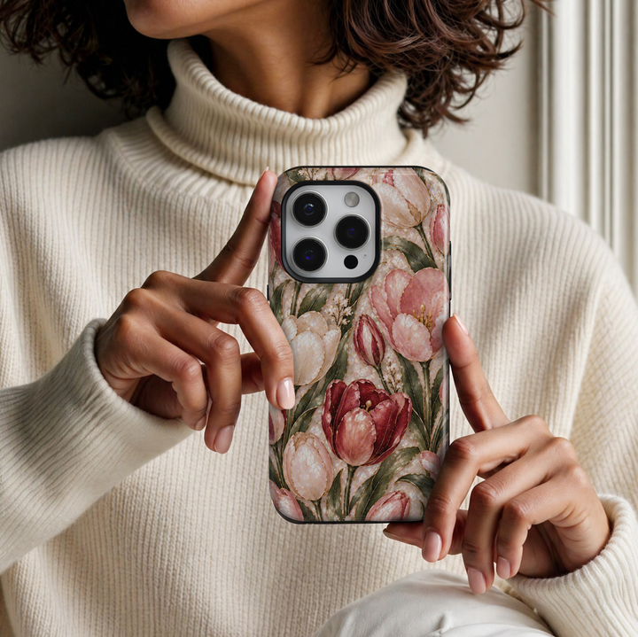 CASELIX September Birth Flower Tulip Elegance iPhone 18 Pro Max tough case featuring romantic blush pink, ivory and deep burgundy tulips, delicate gold detailing, elegant sage green leaves and a luxurious pearlescent floral background.
