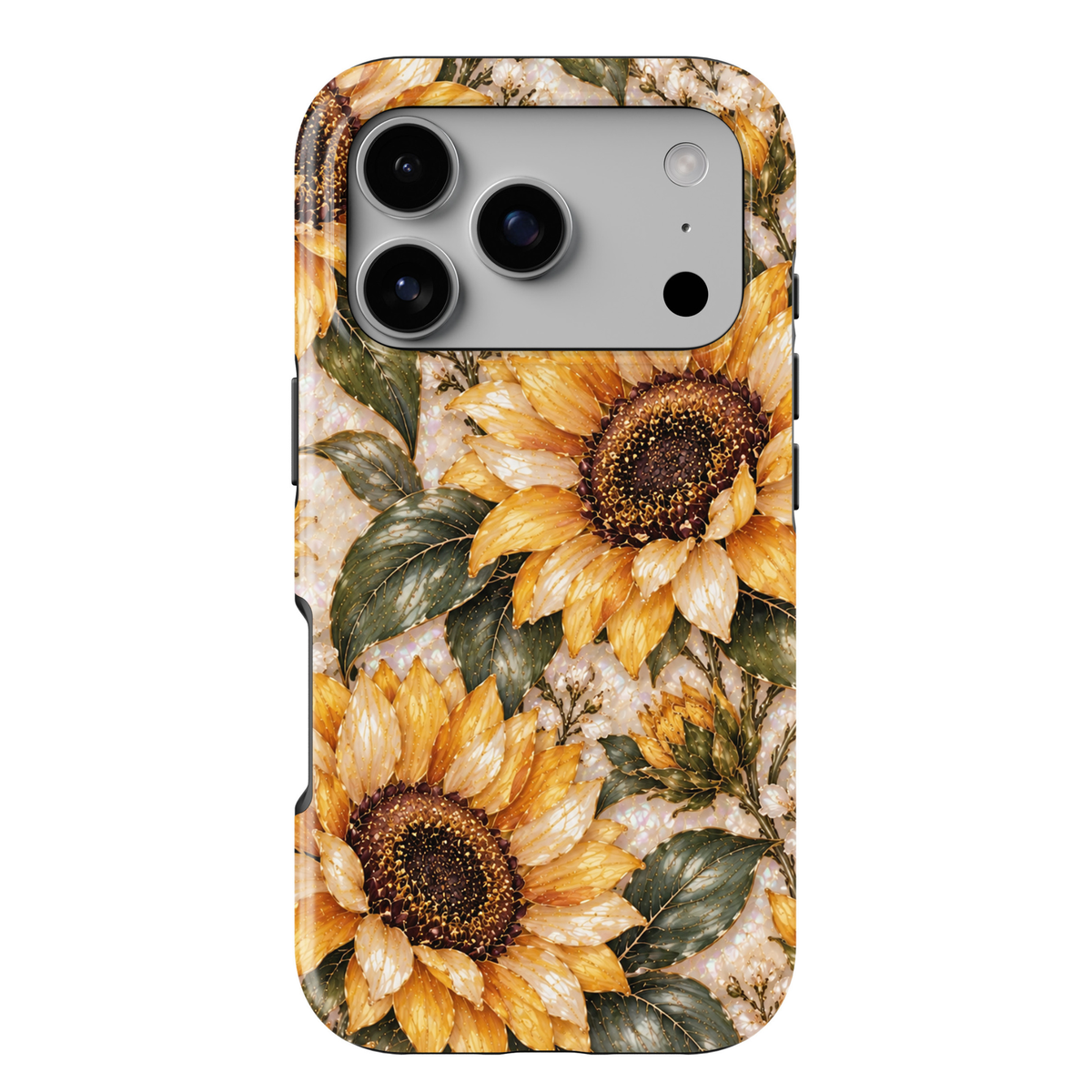 CASELIX July Birth Flower Golden Sunflower iPhone 18 Pro Max tough phone case featuring radiant golden yellow sunflowers with rich brown centers, delicate ivory blossoms, deep sage green leaves, elegant gold detailing and a luminous pearl-inspired background with a glossy printed finish.
