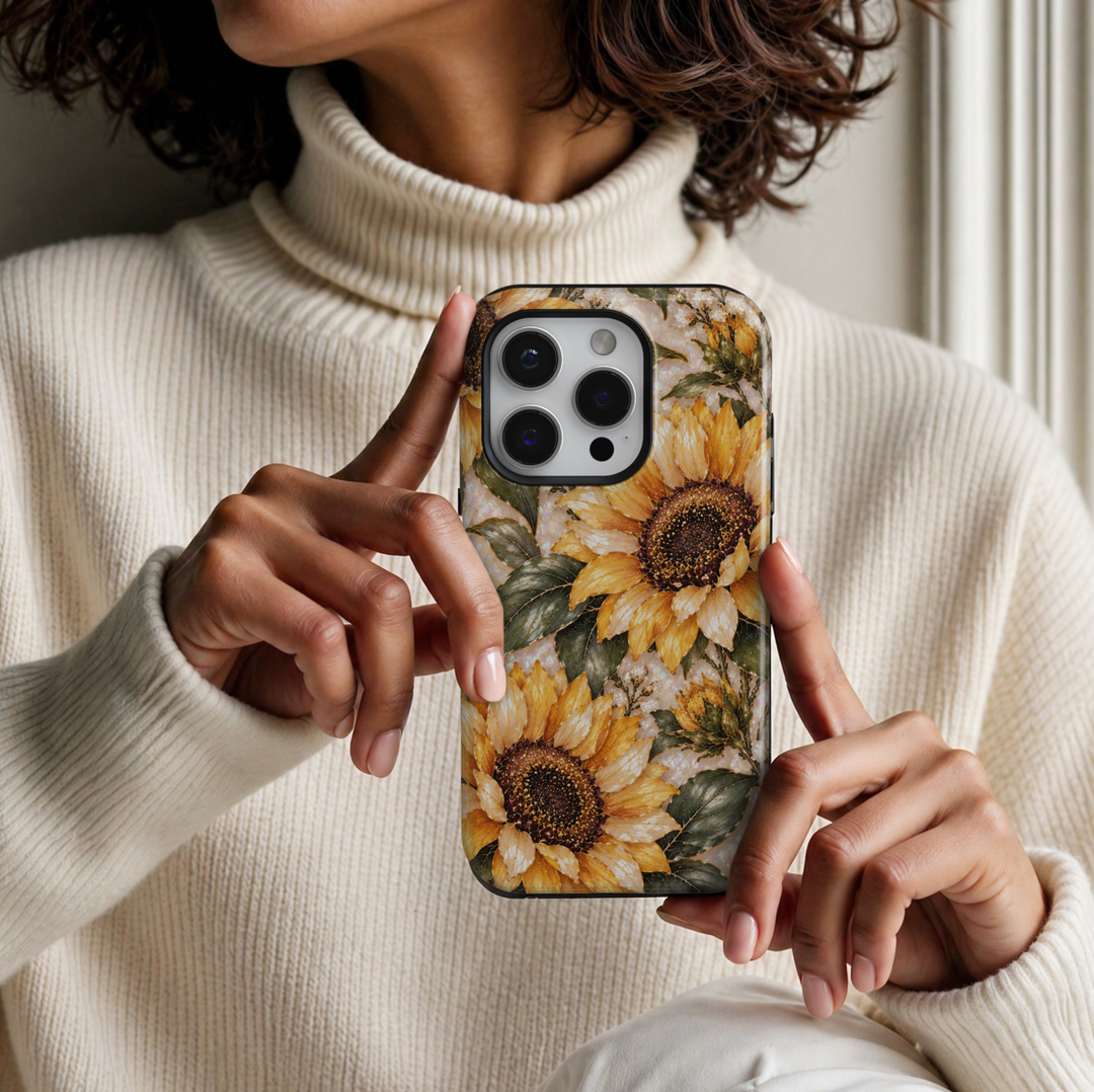CASELIX July Birth Flower Golden Sunflower iPhone 18 Pro Max tough phone case featuring radiant golden yellow sunflowers with rich brown centers, delicate ivory blossoms, deep sage green leaves, elegant gold detailing and a luminous pearl-inspired background with a glossy printed finish.