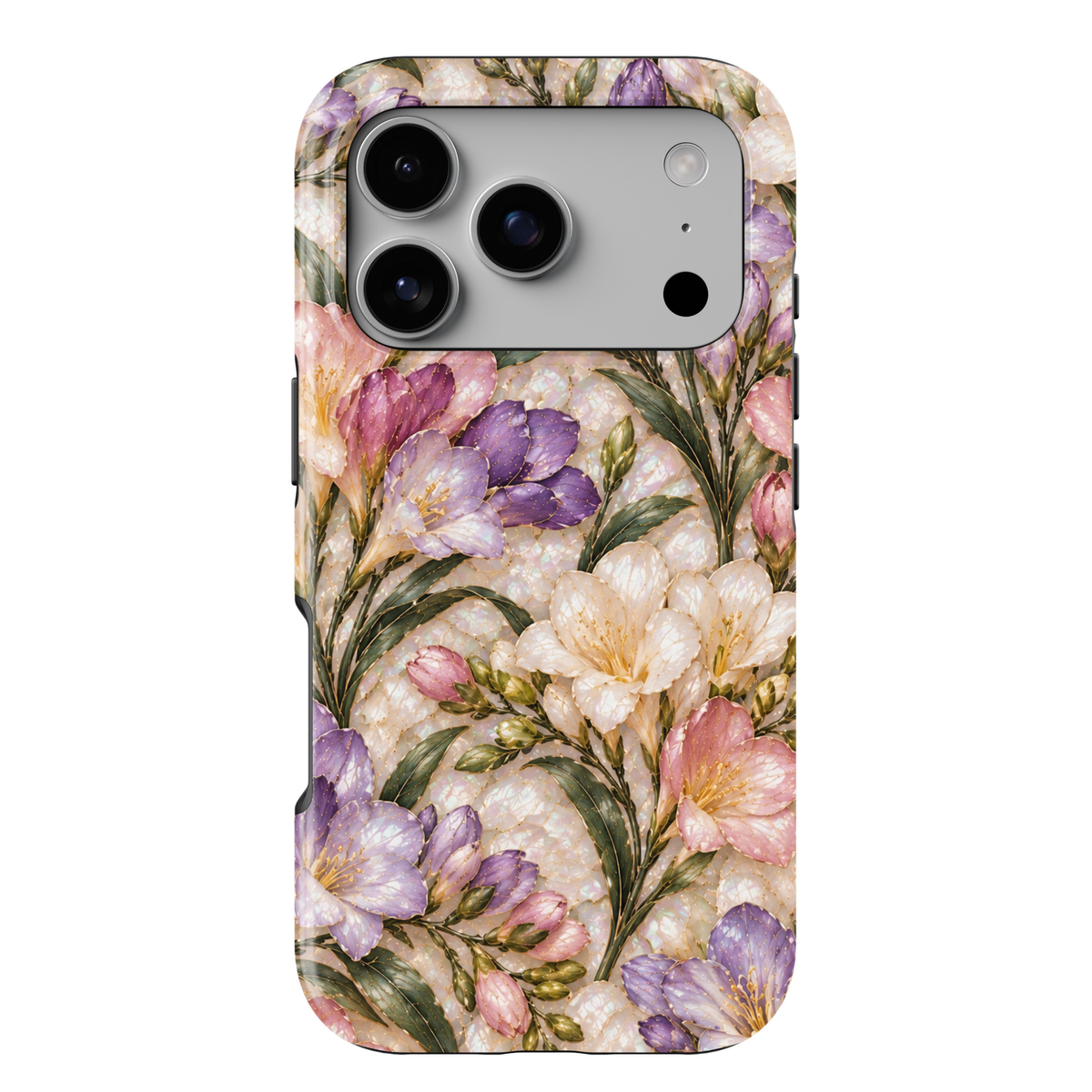 CASELIX June Birth Flower Freesia Bloom iPhone 18 Pro Max tough phone case featuring delicate lavender purple, blush pink and ivory freesia blossoms, elegant golden floral detailing, lush sage green leaves and a luminous pearl-inspired background with a glossy printed finish.