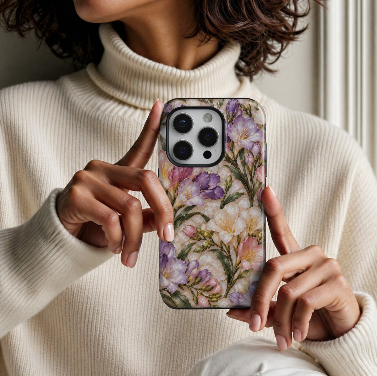 CASELIX June Birth Flower Freesia Bloom iPhone 18 Pro Max tough phone case featuring delicate lavender purple, blush pink and ivory freesia blossoms, elegant golden floral detailing, lush sage green leaves and a luminous pearl-inspired background with a glossy printed finish.