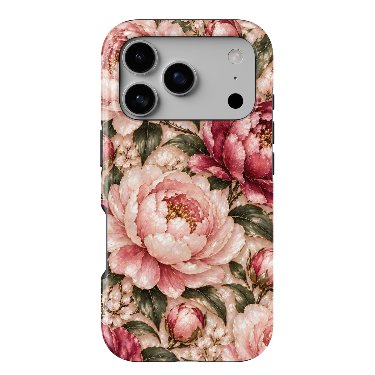 CASELIX May Birth Flower Peony Blush iPhone 18 Pro Max tough phone case featuring luxurious blush pink, soft ivory and deep rose peonies with delicate gold accents, dark green botanical leaves and a luminous pearl-inspired background with a glossy printed finish.